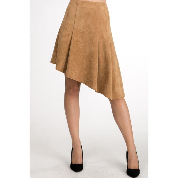 Boutique Dresses & Skirts - Women's Casual Pleated Suede Solid High Low Midi Skirt Tan Size S,M,L